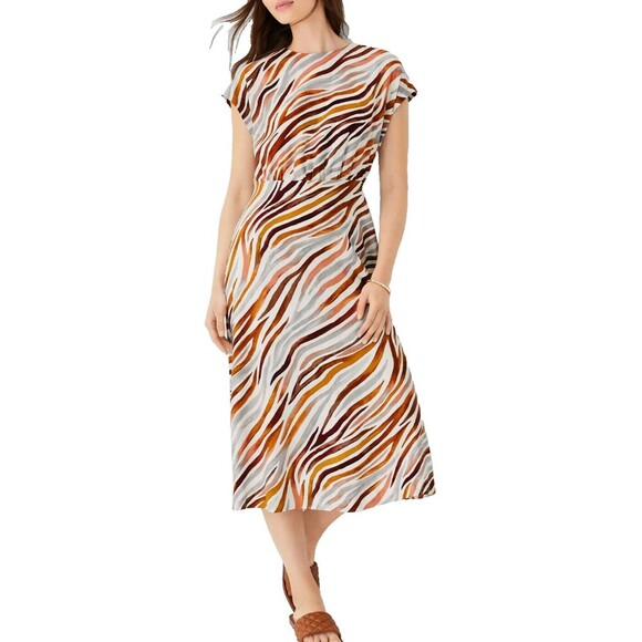 Ann Taylor Womens Zebra Brown White Dress 2 Linen Mock Neck Modest Classic - Picture 1 of 9